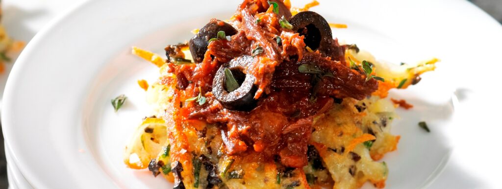 Cabernet-Braised Short Ribs over Olive Potato Pancakes - California Ripe Olives