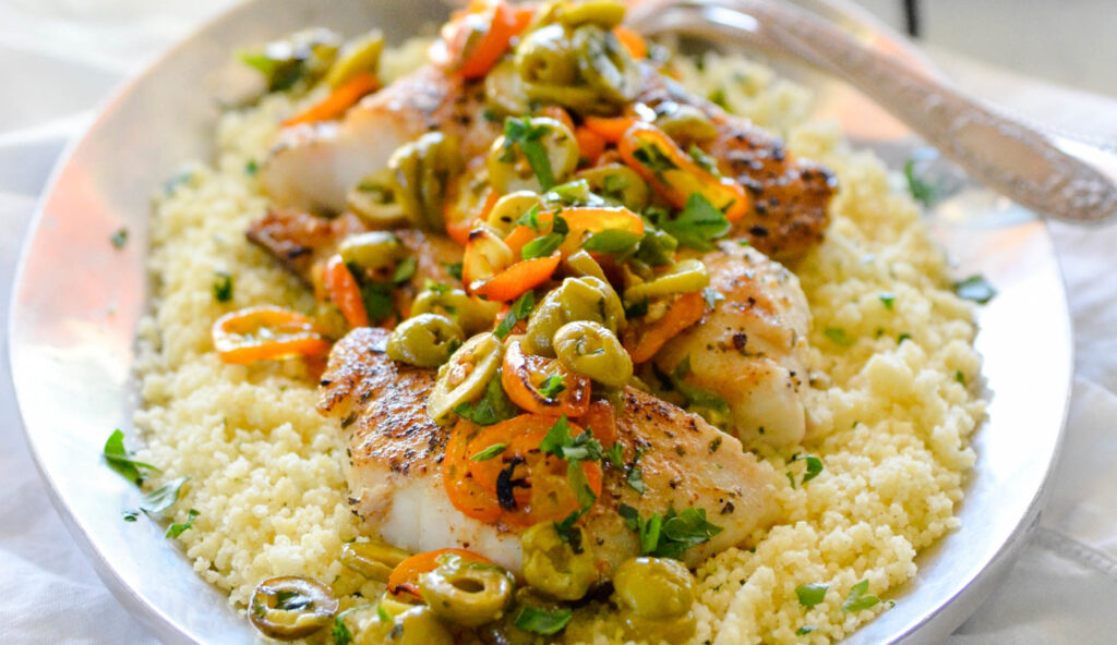 Roasted Olive and Kumquat Relish with Halibut and Herbed Couscous - California Ripe Olives