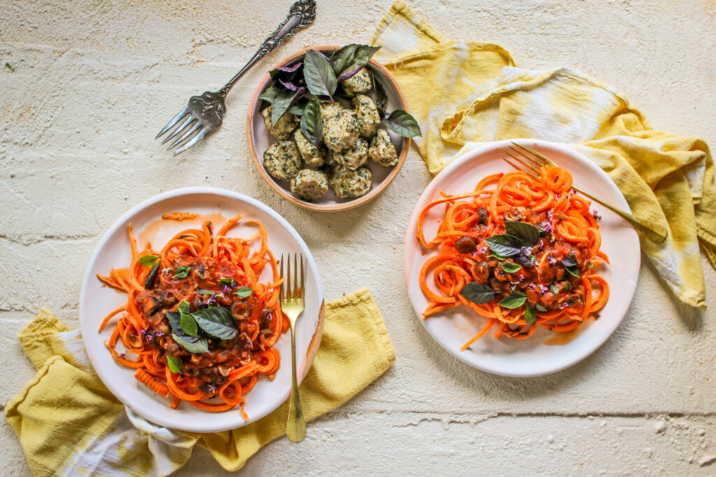 Italian Chicken Meatballs & Sweet Potato Spaghetti - California Ripe Olives