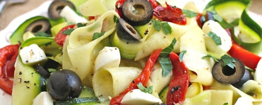 Chilled Zucchini Ribbon “Pasta” with Black Olives, Roasted Red Peppers ...